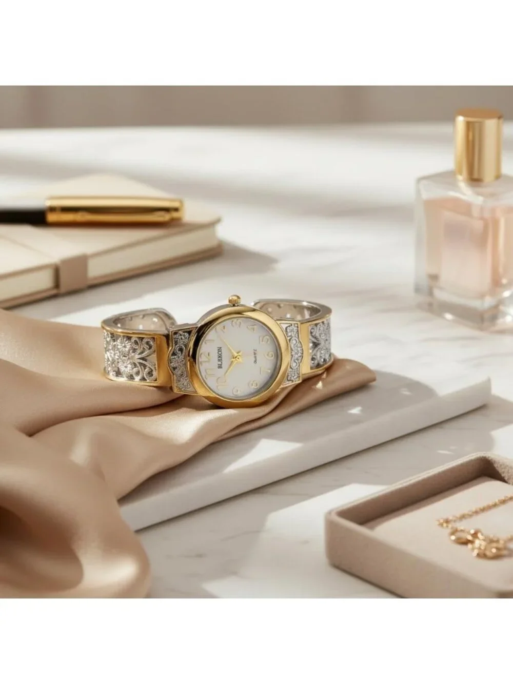 Women's Two-Tone Japanese Quart 28mm Case Elegantly Designed Cuff Bangle Watch